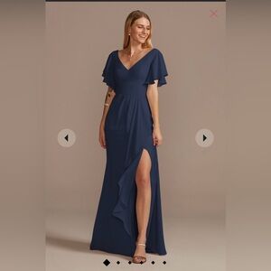 Flutter sleeve bridesmaids dress with cascade (David’s Bridal)